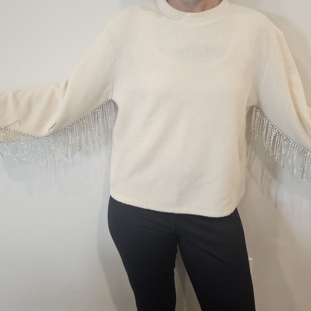 szM Zara Classic Cream Crew Neck Sweater Rhinestone Fringe Disco Cowgirl Bridal